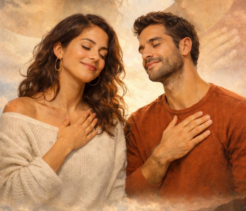 Manos sobre el pecho en gesto de calma y gratitud hacia uno mismo