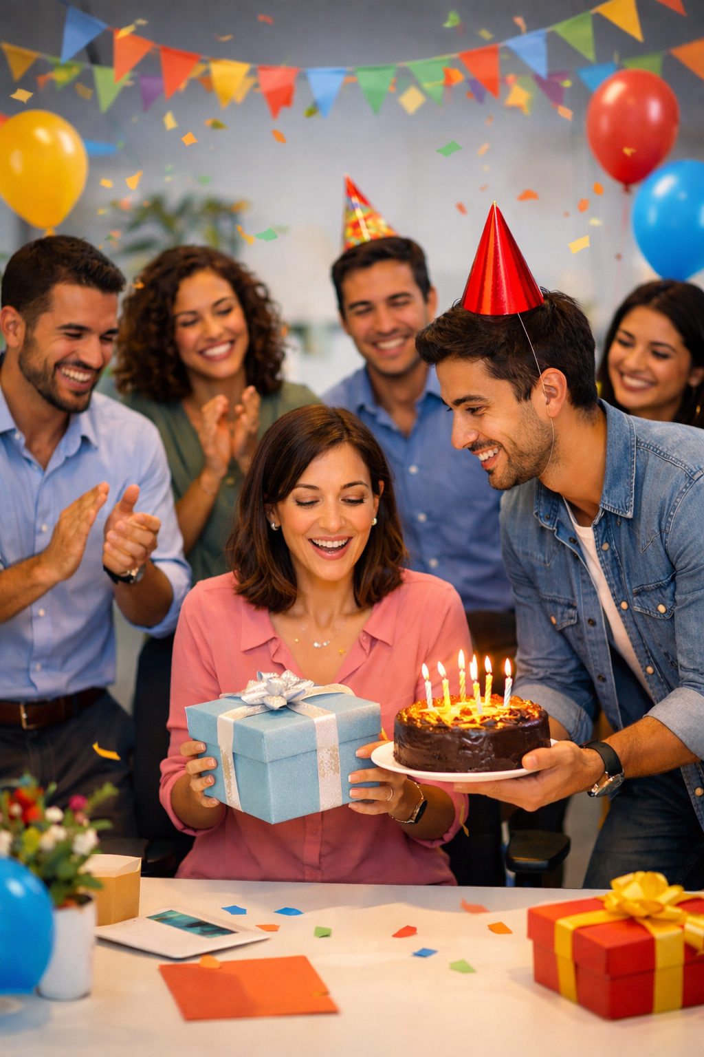 Regalo de cumpleaños para colega en oficina, caja elegante con tarjeta